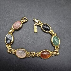 TS Gemstone Glass Scarab Bracelet Gold Tone Egyptian Revival Jewelry